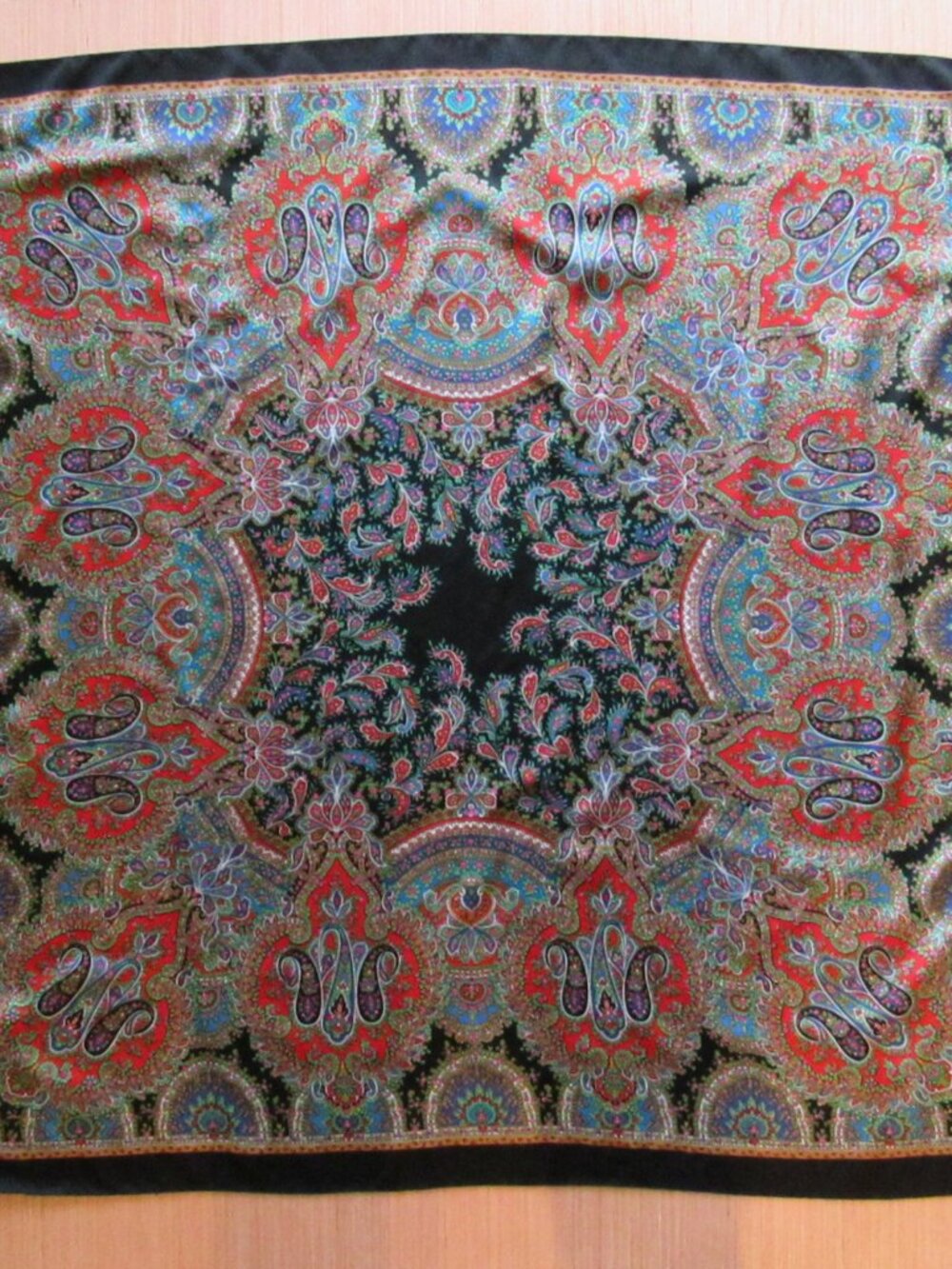 Vintage Paisley Square Scarf Black Red Turquoise Boho Festival 34"